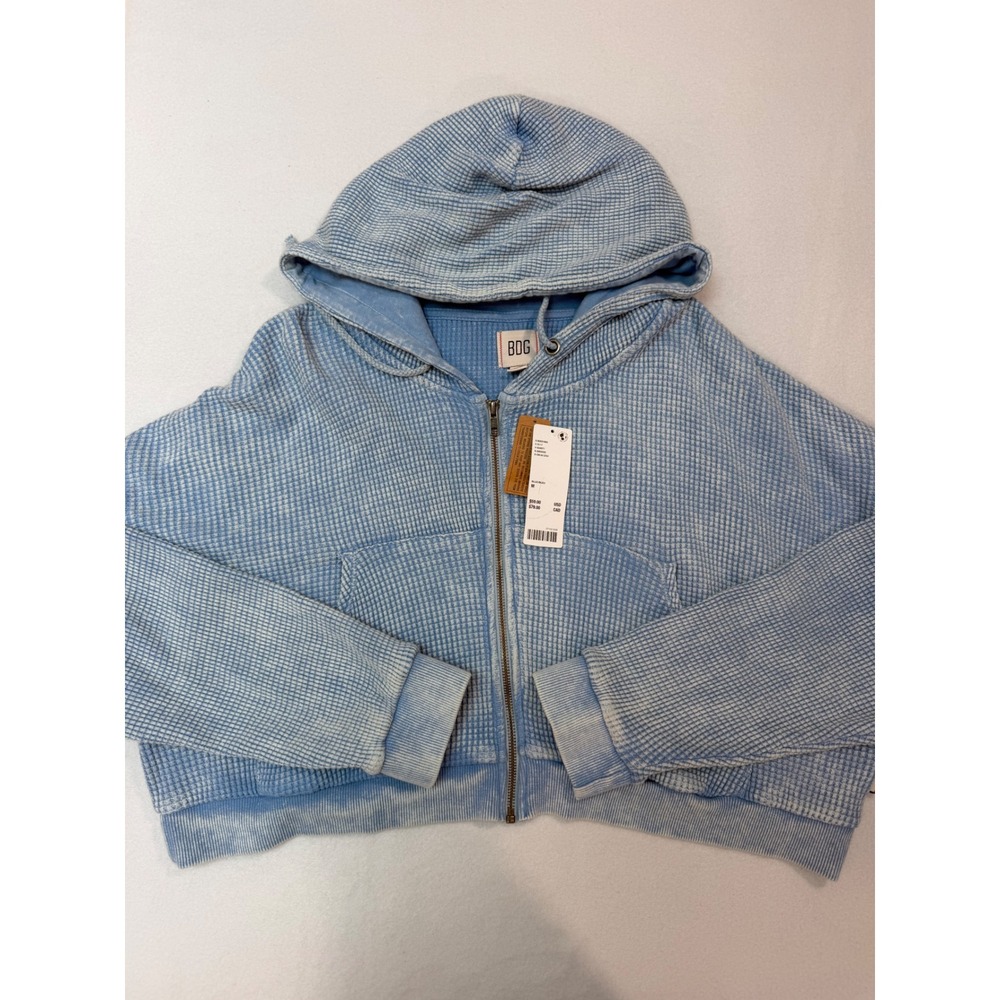 BDG Urban Outfitters Blue Acid Wash Waffle Knit Zip Up Cropped Hoodie Medium NWT